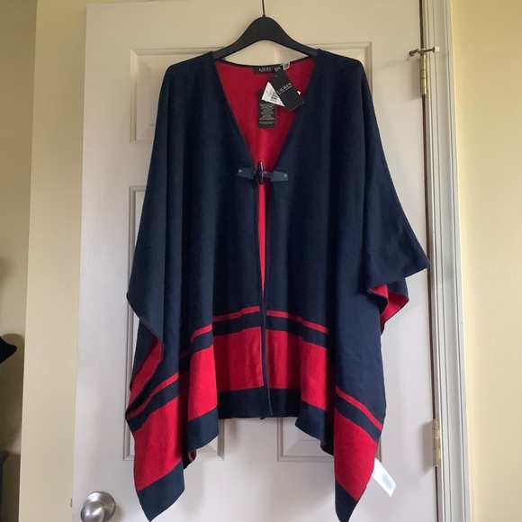 Lauren Ralph Lauren Intarsia-Knit Two-Tone Poncho Navy Red One Size Plus - Picture 3 of 16